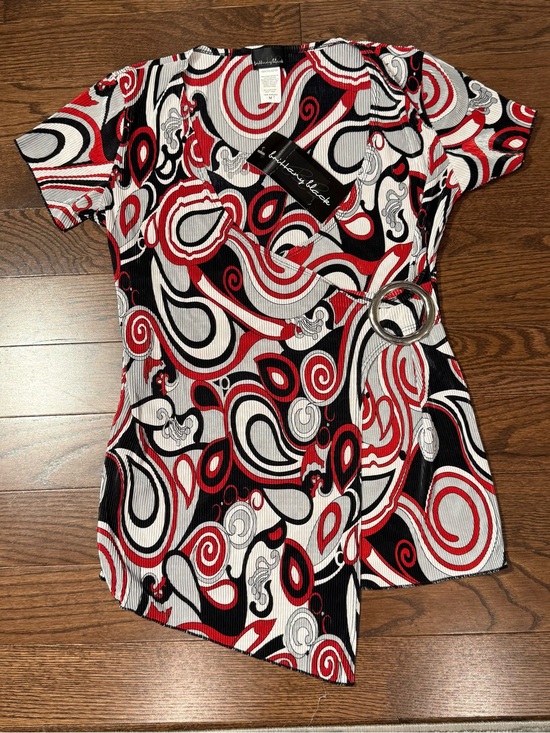 Brittany Black Tops - Brittany Black Red Black White Abstract Wrap Tunic with Side Buckle